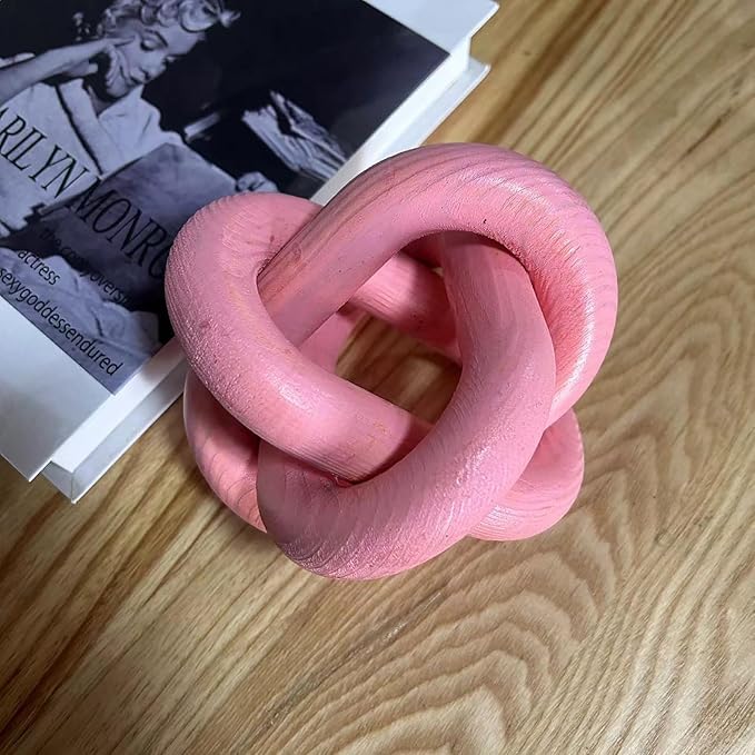 GUDAGUU Wood Knot Decor -Coffee Table Decor Shelf Decor Table Books Hand Carved Home Decoration Boho Country Rustic Modern Shabby Chic Style Decor 3 Link Wooden Knot Chain Link Decor (Pink)