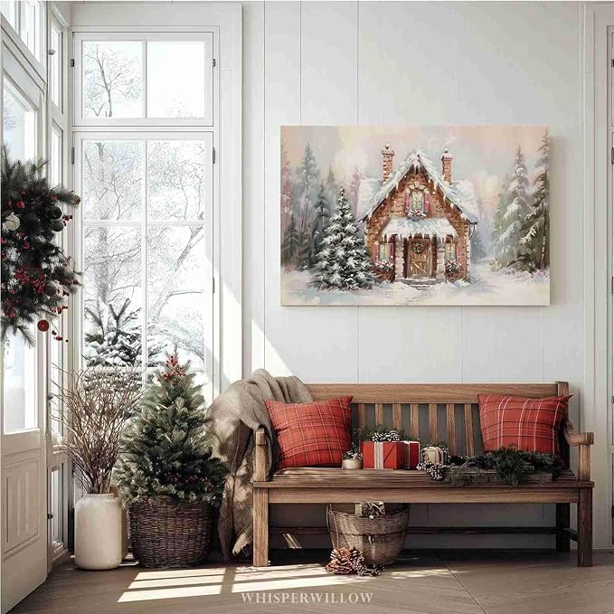 Snowy Cabin Wall Art Christmas Landscape Print Watercolor House Poster Festive Holiday Canvas Print Rustic Winter Scene Wall Decor Indoor Decor for Living Room Bedroom Kitchen Cabin Christmas Holiday