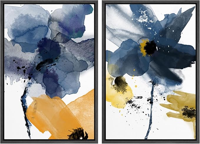 SIGNWIN Framed Wall Art Print Set Watercolor Splash Blue & Yellow Daisies Floral Botanical Illustrations Modern Art Chic Colorful Relax/Calm for Living Room, Bedroom, Office - 24"x36"x2 Black