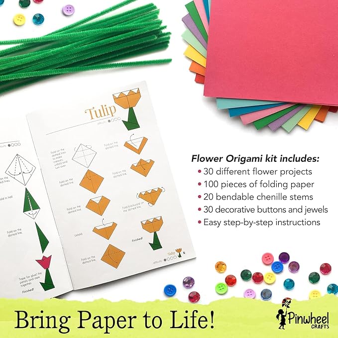 Pinwheel Crafts Origami Papers Kit - Multicolor Flower Origami Kit for Kids,Teens and Adults Ages 6 7 8 9 10 11 12+, Arts and Paper Crafts for Kids 150 Pcs - Fun Foldable Gift