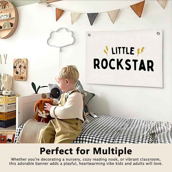 Little Rockstar Boys Room Decor - Linen Banner Wall Hanging Canvas Banner Flag Decor for Kids Toddler Bedroom Nursery Playroom