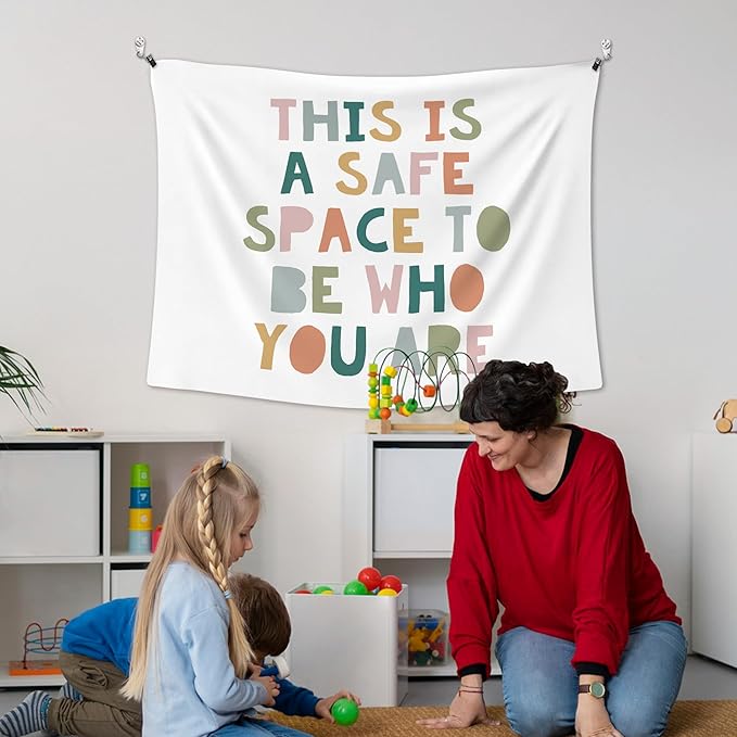 XLDLIOO Boho Classroom Wall Tapestry, This Is a Safe Space to Be Who You are Mental Health Wall Tapestry Hanging for Classroom, Boho Tapestries Decor Art for Therapy Counselor Office 40x30in