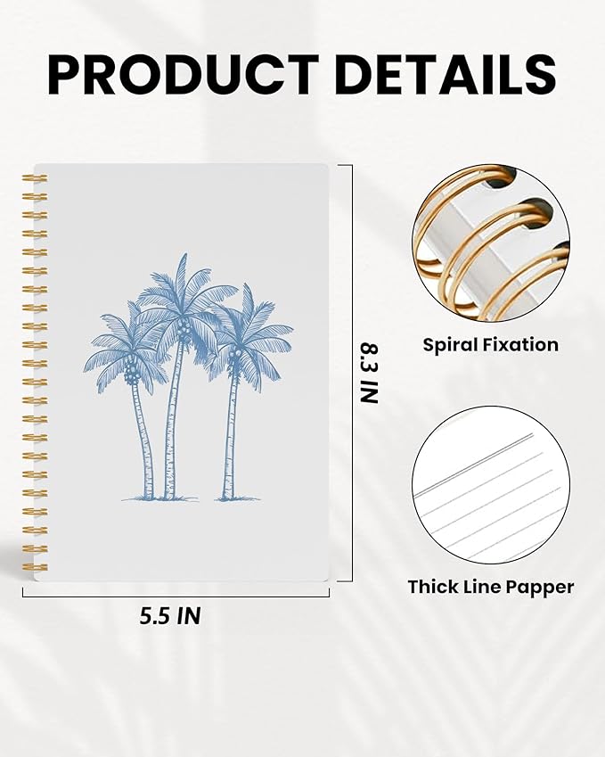 Tropical Palm Tree Notebook, Coastal Beach Journal, Blue Beachy Journal for Writing, Beach Lover Gifts for Women Men, Ocean Aesthetic Spiral Notebook, 5.5x8.3 Inch 554