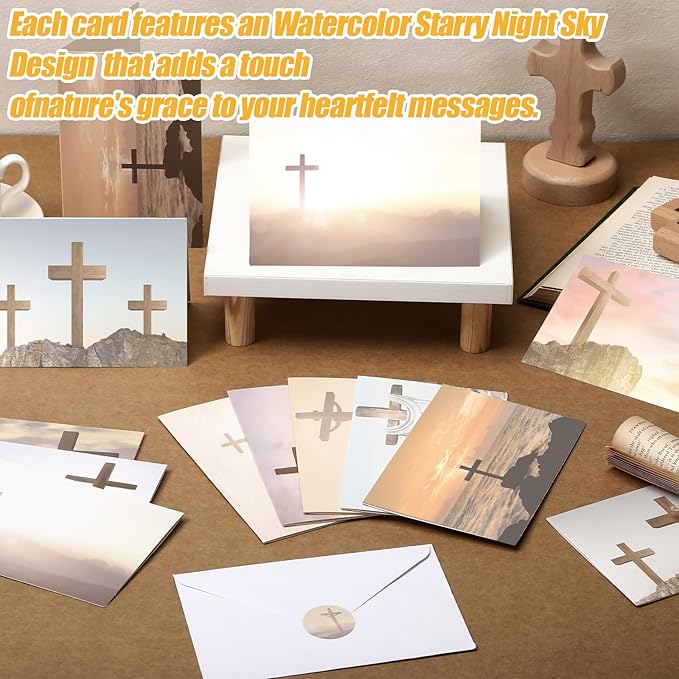 100 Pcs Blank Greeting Cards 4x6, Religious Stationery with Cross Design, 10 Designs, Ideal Stationary Set for All Occasions, Note Cards with Matching White Envelopes and Stickers