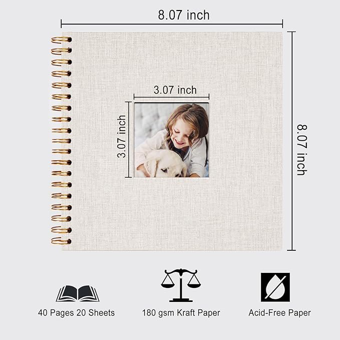 8 x 8 Inch Scrapbook Photo Album, DIY Memory Book Linen Cover for Photos, Hardcover Kraft White Pages Scrap Book Photo Albums for Travel, Wedding Anniversary Family Christmas Baby 40 Pages, Beige