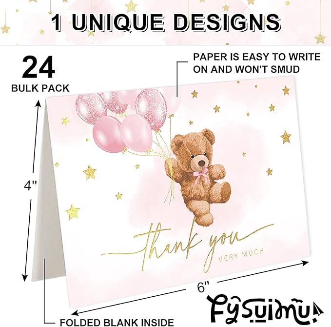 24 Pack Bear Gold Foil Thank You Card Pink Star Balloon Bear Greeting Cards with Envelopes Stickers Blank Note Cards for Birthday Baby Shower, 4 x 6 Inch