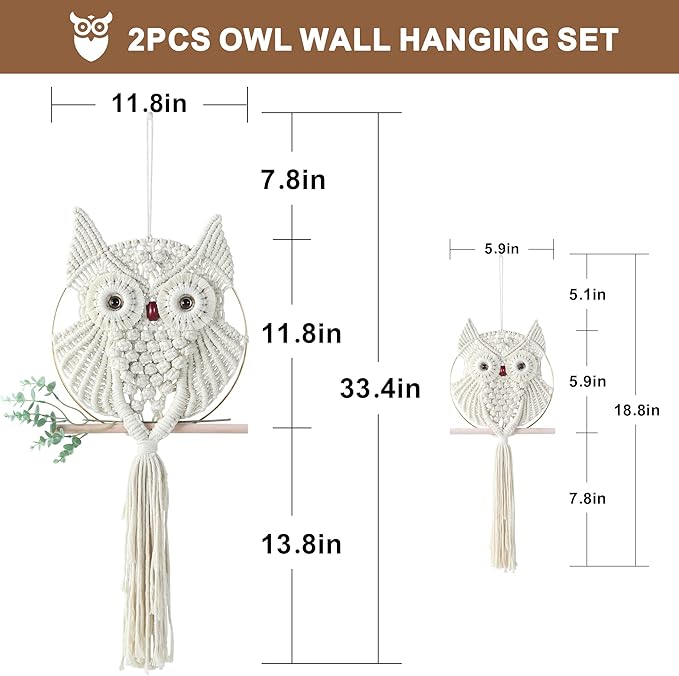 MVSUTA Owl Ivory Cotton Handmade Macrame Wall Hanging Tapestry Home Decor Art and Beige Craft Wonderful Decoration Woven Boho Ornament for Office Bedroom Apartment Living Cream Nursery Gallery,2pcs