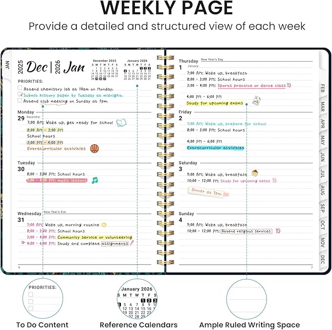 2026 Planner, Weekly and Monthly Calendar Planner for Women, Jan 2026 - Dec 2026, Hardcover Planning Agenda book with Tabs, Spiral Bound, Inner Pocket, Perfect for School Office Supplies, 6.3" x 8.5" - Hidden Bloom