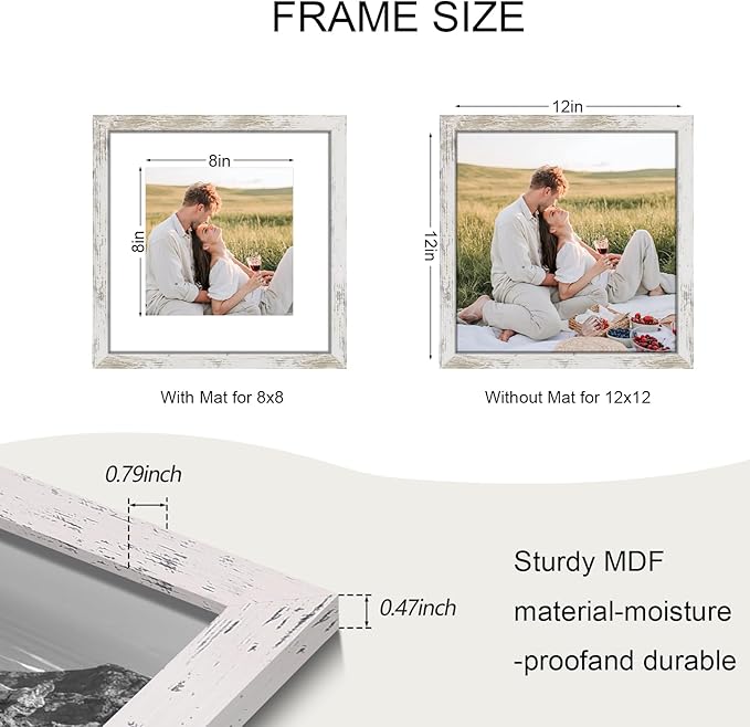 12x12 Picture Frame Set of 9, Photo Gallery Wall Frame Set, Display Pictures 8x8 with Mat or 12 x 12 Without Mat, Square Frame Picture Frames Collage Wall Decor, Distressed White