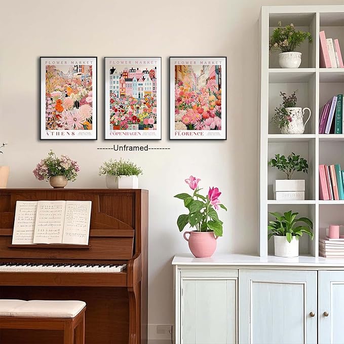 XLARTMY Flower Market Wall Art Print Canvas Pink Floral Painting Colorful Botanical Sunflower Artwork Travel Posters for Home Decor Pictures Set of 3 for Living Room Bedroom 16x24in Unframed