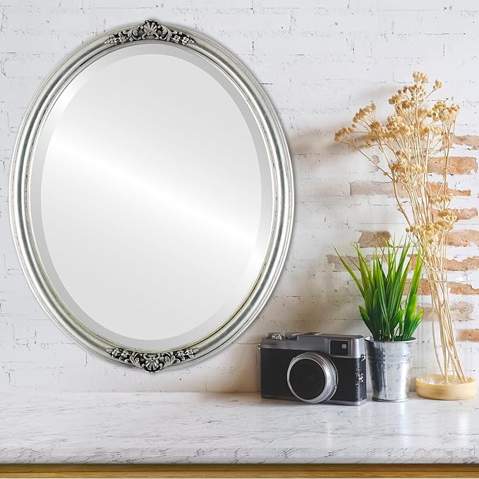 OVALCREST Oval Beveled Wall Mirror for Home Decor - Contessa Style - Silver Leaf with Black Antique - 26" x 22"