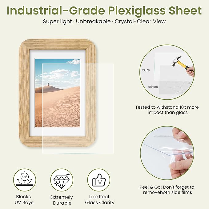Dreamland 4x6 Picture Frame Set of 3, Solid Oak Wood Photo Frame with Mat for 3.5x5, Round Corner 4 x 6 Matted Picture Frames with Resistant Plexiglass for Wall Mounting or Tabletop, Oak Color