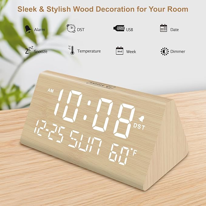 DreamSky Digital Alarm Clocks for Bedrooms - Wooden Desk Clock with Date, Day of Week, USB Port, Temperature, Dimmer for Bedside Table, Living Room, Office, Adjustable Volume, Auto DST, Wood Decor