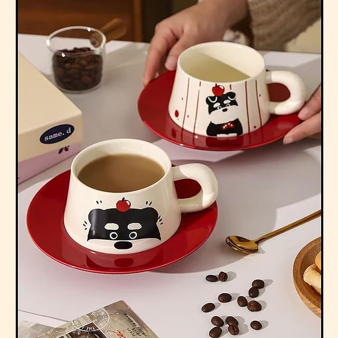 Cute Dog Couple Cup with Thick Grip, Ceramic Coffee Mug with Spoon, Gifts Suitable for Birthdays, Christmas, Halloween and Family Gatherings (No Streaks)