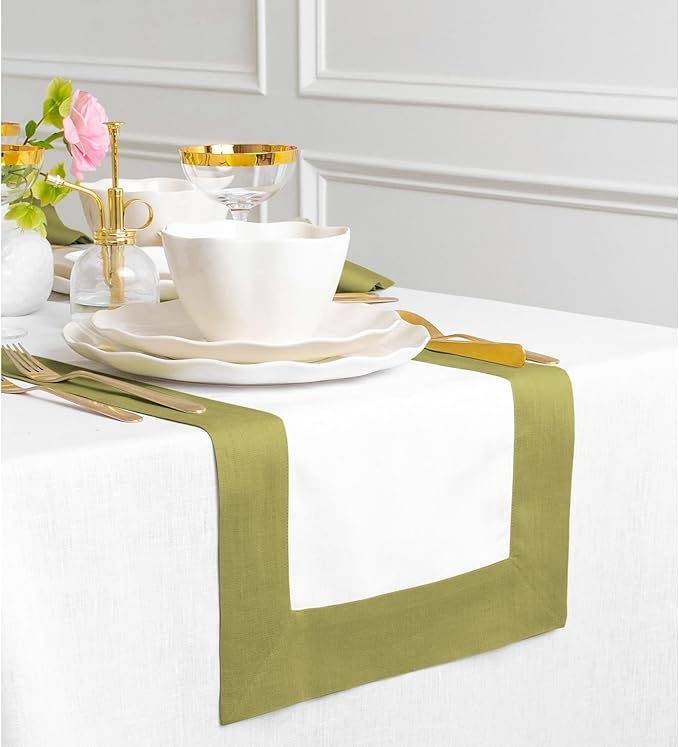 Solino Home Linen Table Runner 72 Inches Long - 100% Pure Linen Avocado and White Dining Table Runner 14 x 72 Inch for Winter, St Patricks Day - Contempo