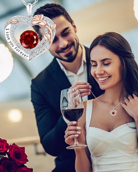 Women's Birthstone Necklace, Holiday Gift for Girlfriend, 925 Sterling Silver Heart Rose Necklace, Anniversary Birthday Gift for Wife, Daughter