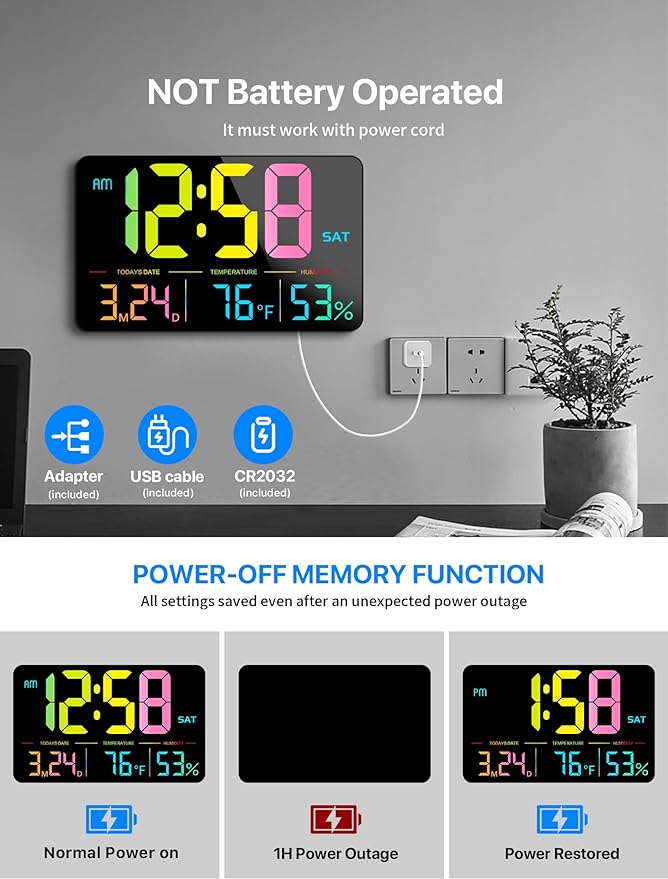 MASHI Digital Clock, 13" Large Display Digital Wall Clock, Adjustable Brightness Calendar Clock with Day and Date,DST,Alarms,Humidity,Temperature for Desk,Wall Mounted (Black Case Color Light)