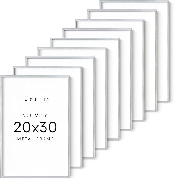 HAUS AND HUES 20x30 Silver Metal Picture Frames - Premium Aluminum with Vertical & Horizontal Hanging, Shatterproof Plexiglass - Perfect for Home or Office (20x30 in, Silver, Set of 9)