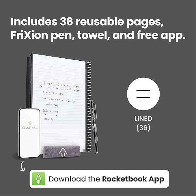 Rocketbook Core Reusable Spiral Notebook, Executive Size 6x8.8, Teal - Lined Pages, App-Connected, Erasable, Durable Cover, Ideal for School, Work, and Creative Projects