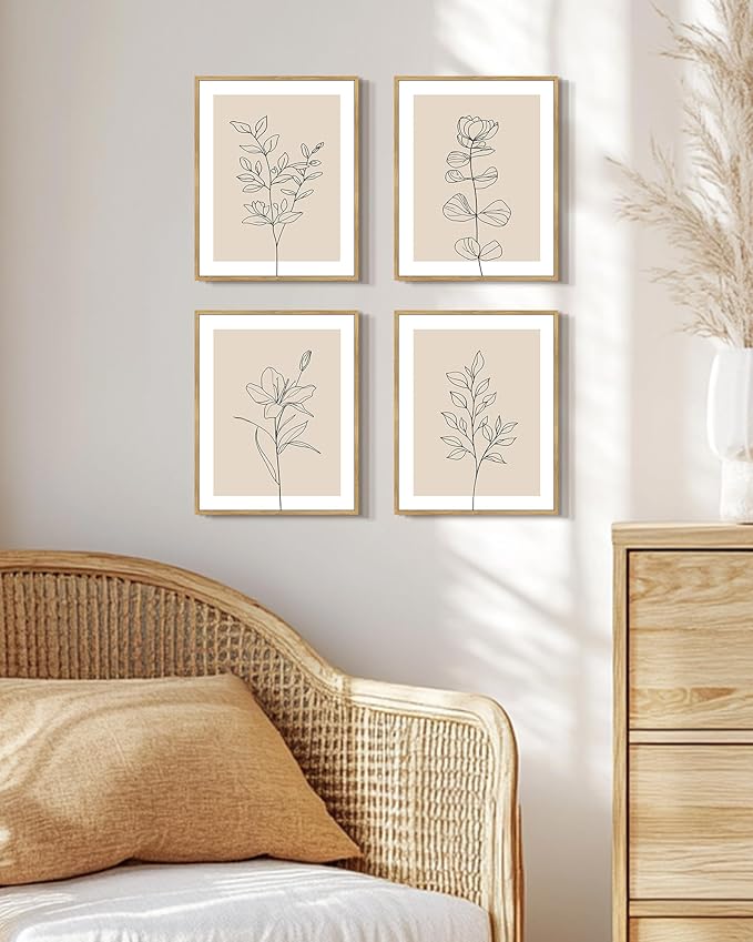 Drsoum Botanical Boho Framed Wall Art Wooded Minimalist Aesthetic Flower Prints Farmhouse Retro Plants Rustic Bathroom Kitchen Home Decor Ready to Hang 8x10inx4pcs (Natural Framed)