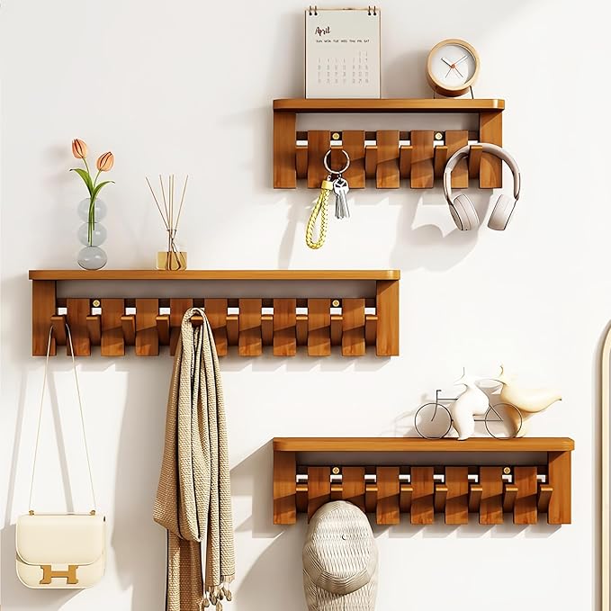 Wall Mounted Coat RackHooks Piano Key Hangers Natural Solid Wood Hanger Non-Woven Fabric Clothes Hangers for Closet, Kitchen, Bedroom, Bathroom, Entryway (Tray-Walnut, 6 Hooks)