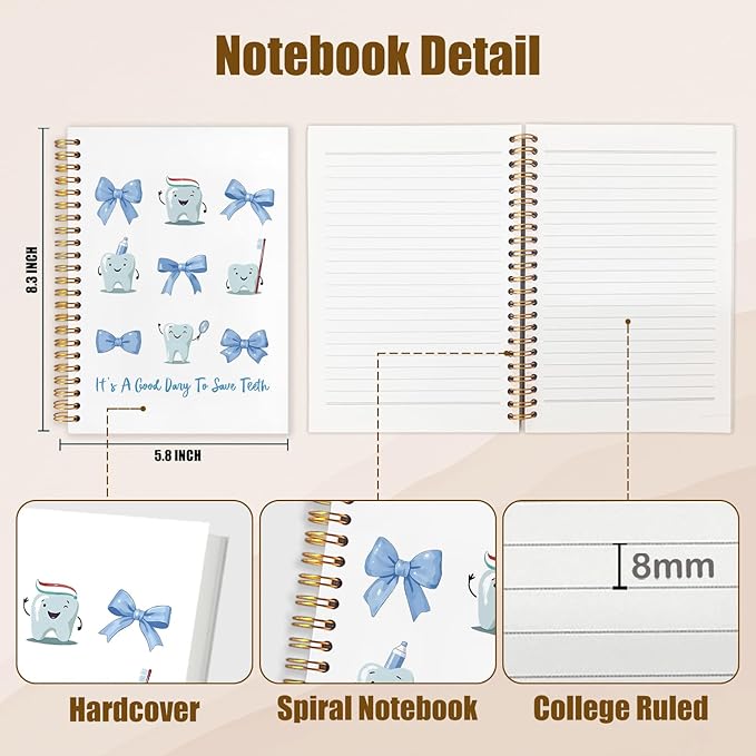 WUCHJ Dentist Gifts Notebook, Dental Hygienist Gifts Journal, Coquette Blue Bow Cute Tooth Spiral Notebook Journal for Note Taking, Dentist Office Supplies, 5.5x8.3 Inch