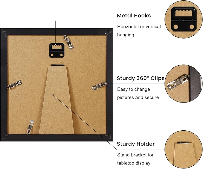 8x8 Picture Frame Set of 9, Photo Gallery Wall Frame Set, Display Pictures 4x4 with Mat or 8 x 8 Without Mat, Square Frame Picture Frames Collage Wall Decor, Black