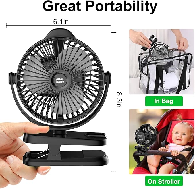 Minthouz Clip on Fan - 720° Rotation Portable Small Fan with LCD Digital Display, 8000mAh Low Noise Desk Fan for Outdoor Camping/Stroller/Home/Office