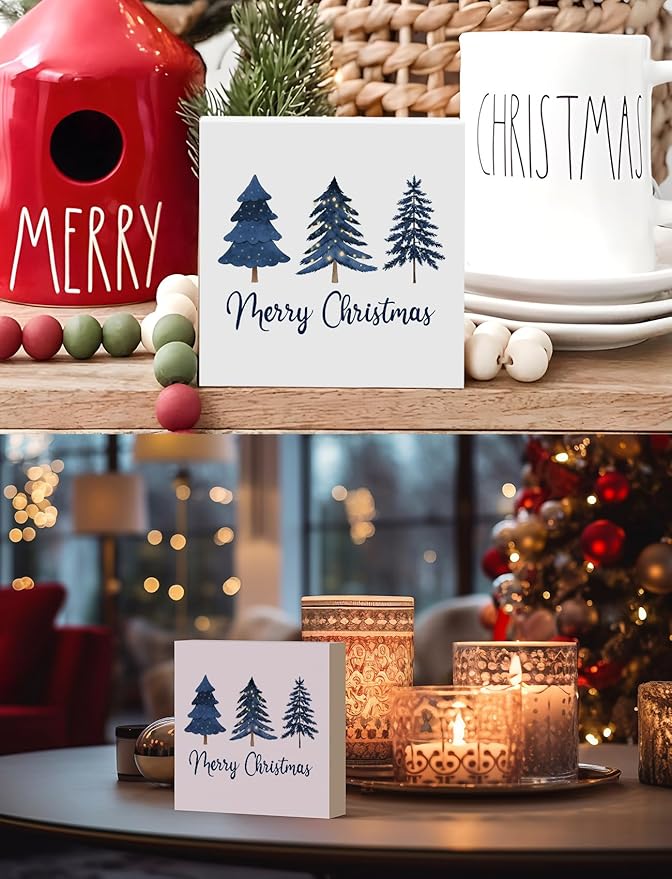 Navy Blue Christmas Tree Wooden Box Sign, Blue Christmas Decor, Rustic Merry Xmas Tree Winter Holiday Wood Signs for Home Office Desk Shelf Tabletop Decor, 5x5 Inch Decorative Signage
