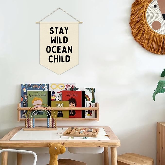 Ocean Nursery Decor, Stay Wild Ocean Child Linen Canvas Banner, Coastal Nautical Nursery Wall Hanging Pennant Flag Banner for Kids Toddler Room Bedroom Playroom Decor, 15x11in