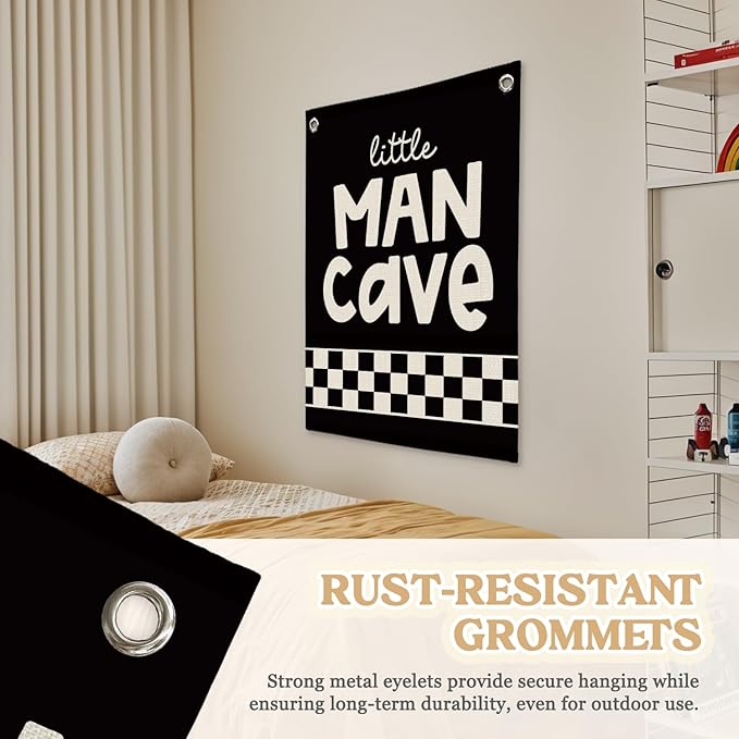 Boys Room Decor,Little Man Cave Sign for boys,Little Man Cave Linen Canvas Banner,Kids Room Wall Hanging Flag Banner, Adventure Nursery Sign for Baby and Kids, Playroom Wall Hanging Flag 18x25 Inch