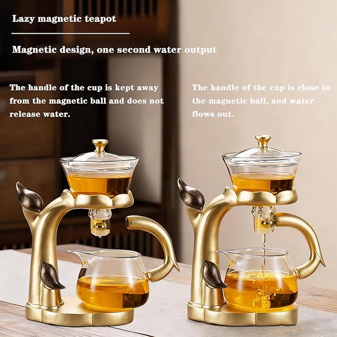 Lazy Kungfu Glass Tea Set Heat Resistant Semi Automatic Drip Rotating with Infuser Magnetic Teapot Set for Gongfu Tea Making Ideal (Gold)