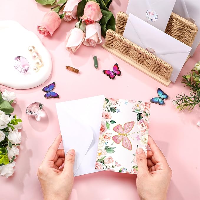 50 Pcs Blank Greeting Cards 4x6, Butterfly Design Blank Cards with Envelopes, 10 Designs, Ideal Stationary Set for All Occasions, Stationary with Matching White Envelopes and Stickers
