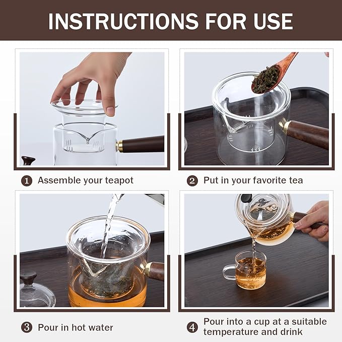 Bokon 8 Pcs Glass Teapot Set 500ml Glass Teapot with Removable Infuser 6 Pcs 100ml Transparent Cups and Bamboo Tea Tray for Home Travel Office Outdoor Gifts