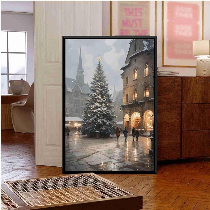 Framed Canvas Wall Art Vintage Christmas Tree Print Moody Winter Wall Art Farmhouse Christmas Decor 20x30in Metal blackFramed