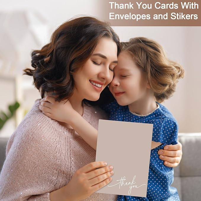 Gueevin 200 Pcs Thank You Cards with Kraft Envelopes and Stickers Bulk, 3.5 x 5 Inch Classy Blank Thank You Notes for Wedding, Business, Graduation, Baby Shower, Bridal Shower, Funeral (Khaki)
