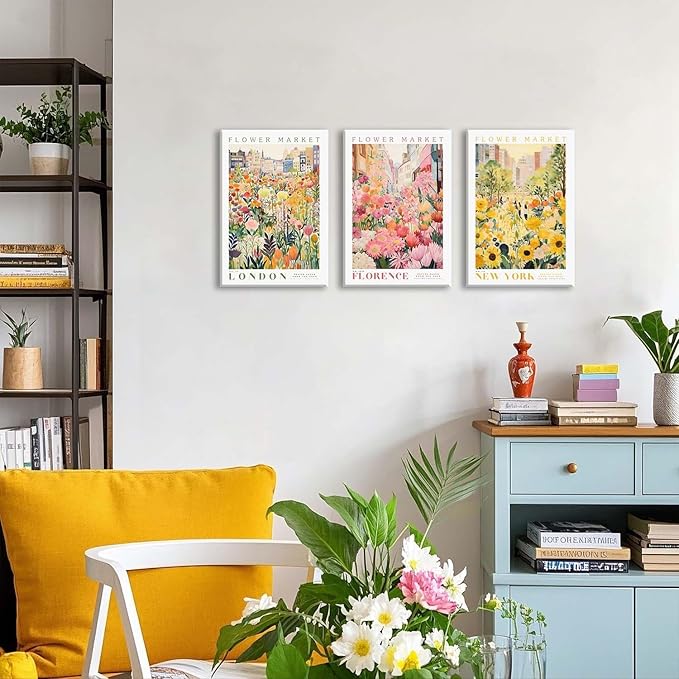 XLARTMY Flower Market Wall Art Print Canvas Framed Yellow Pink Floral Paintings Colorful Botanical Sunflower Artwork Travel Poster for Decor Picture 3 pieces for Living Room Bedroom Bathroom 16x24in