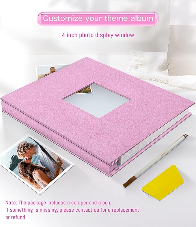 popotop Photo Album Self Adhesive with Picture Display Window,40 Pages DIY Scrapbooking Supplies Kit for 4x6 8x10 Picture,Linen Cover Memory Book for Baby Wedding, with Scraper and Metallic Pen
