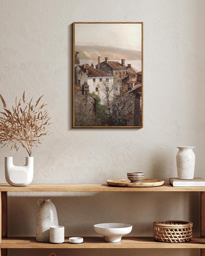 VIYYIEA Vintage Framed Canvas Wall Art, European Towns Landscapes Art, Living Room Hallway Bedroom Library Rustic Retro Neutral Decor, Antique Country Town Picture Paintings,16x24 Inch
