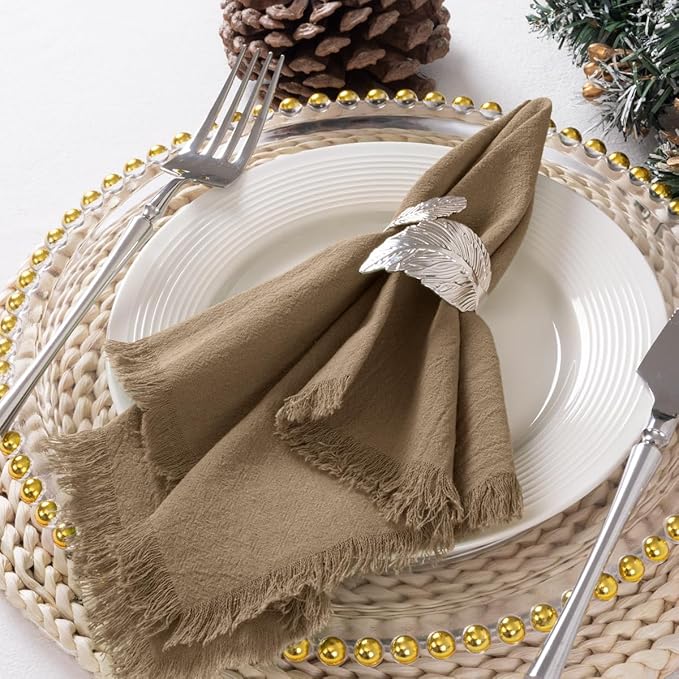 12 Pack Nude Cotton Linen Napkins with Fringe Spring Cloth Napkins Set of 12 Boho Handmade Dinner Napkins Bulk for Wedding Bridal Baby Shower Valentine's Day, 17 x 17 Inches