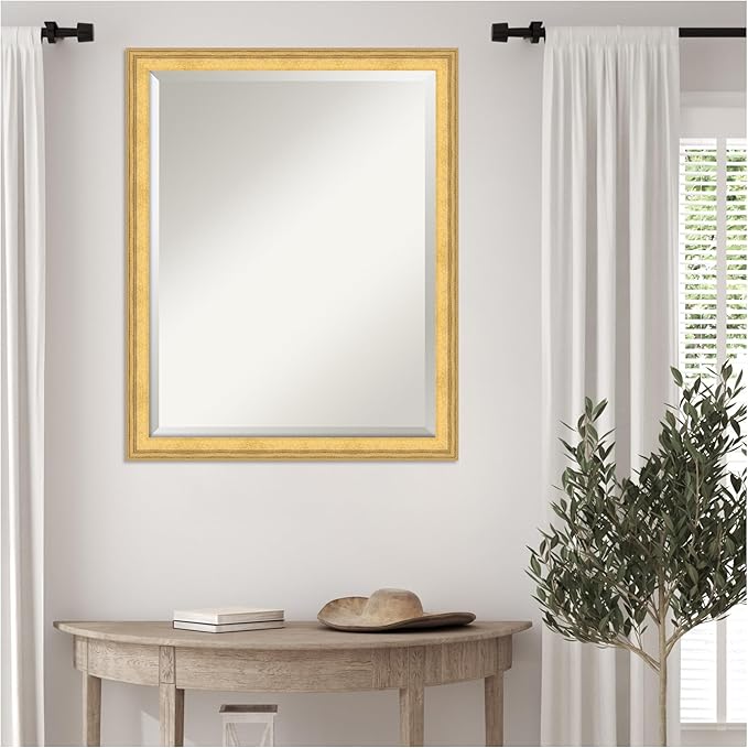 Amanti Art Gold Wall Mirror 25x31 Owen Gold Rectangle Bathroom Mirror for Wall Decor Living Room, Large Traditional Wood Frame, Hangs Horizonally and Vertically, Bathroom Decor, Beveled Edge
