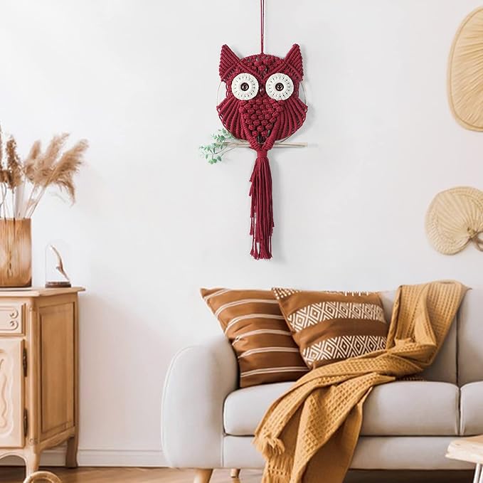 MVSUTA Owl Burgundy Cotton Handmade Macrame Wall Hanging Tapestry Home Decor Art and Red Craft Wonderful Decoration Woven Boho Ornament for Office Bedroom Apartment Living Room Nursery Gallery,1pc