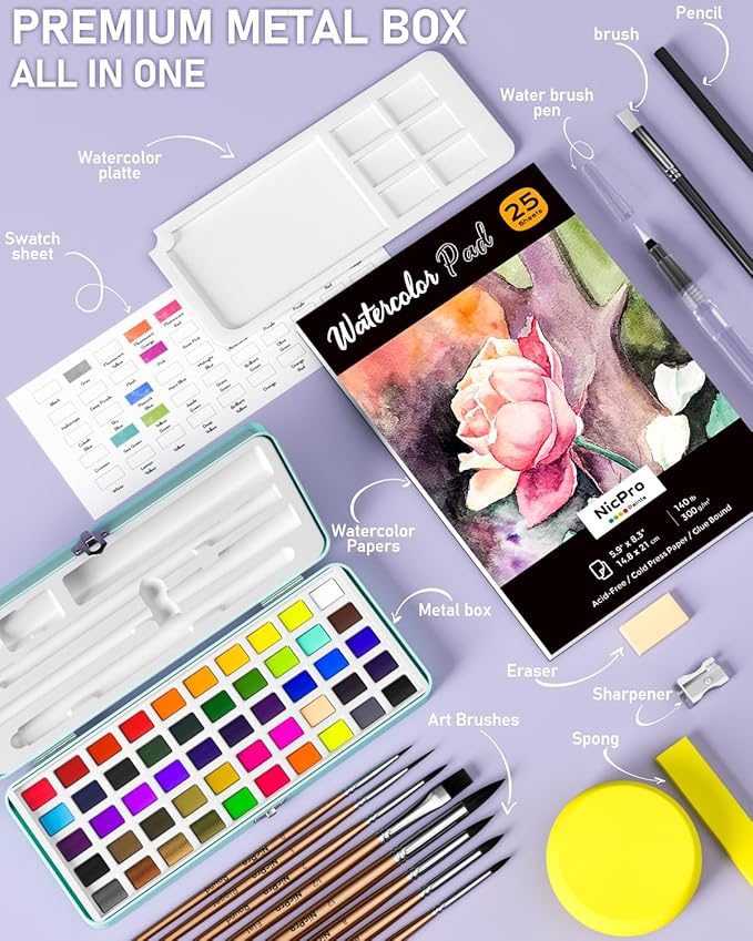 Nicpro 50 Colors Watercolor Paint Set, Include Metallic & Fluorescent Color, 8 Squirrel Painting Brushes, 25 Water Color Paper & Palette, Art Supplies Kit for Artist Adult Kid Beginner with Gift Box