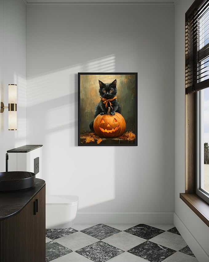 Halloween Cat Art Poster Print, Cat Kitten Painting Humor Portrait Pet Artwork Decor Gallery A8 (11 x 14 inches, Black Frame)