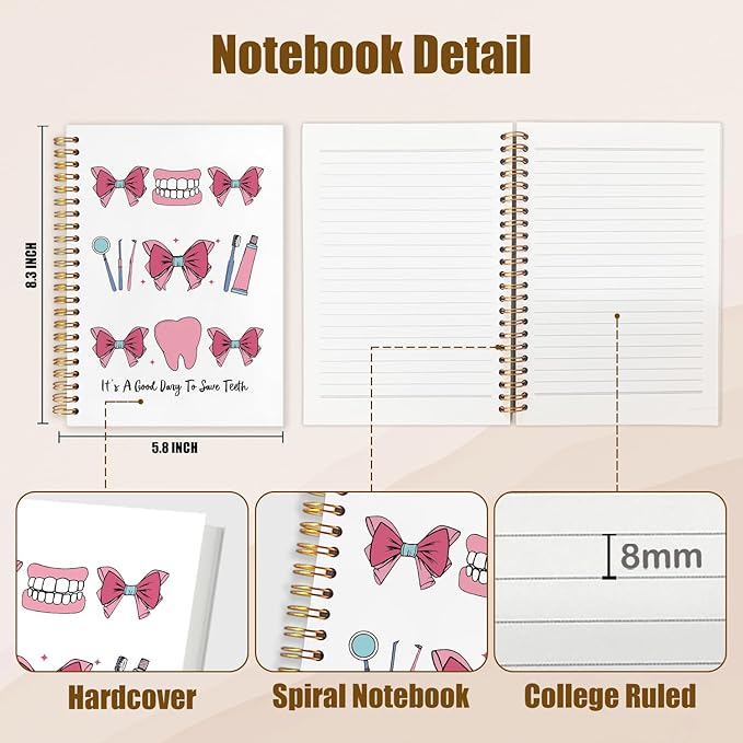 WUCHJ Dentist Gifts Notebook, Dental Hygienist Assistant Gifts Journal, Coquette Pink Bow Dental Spiral Notebook Journal for Note Taking, Dentist Office Supplies, 5.5x8.3 Inch