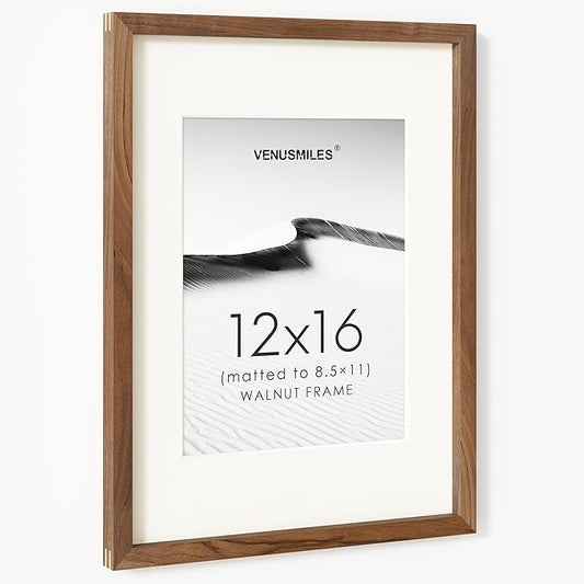 12x16 Picture Frame, USA-Sourced Natural Walnut Wood Photo Collage Frame with HD Tempered Glass, Modern Simple 12 x 16 Wooden Frame Matted to 8.5x11, Vertical & Horizontal Wall Hanging Display
