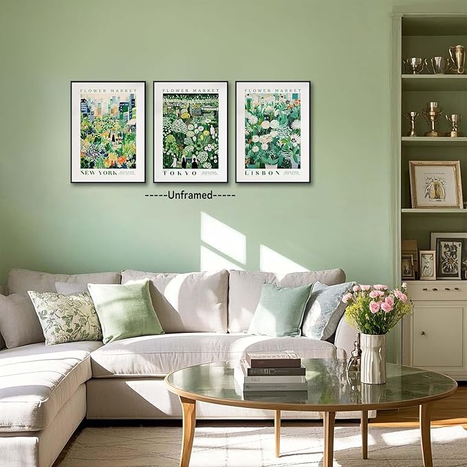XLARTMY Flower Market Wall Art Prints Canvas Green Yellow White Floral Paintings Colorful Botanical Travel Flower Posters for Home Decor Pictures Set of 3 for Living Room Bedroom 12x16in Unframed