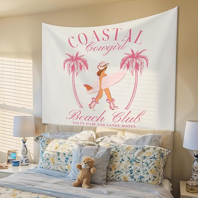STHTTSW Coquette Coastal Cowgirl Tapestry, Pink Aesthetic Tapestries Wall Blanket, Preppy Girly Wall Hanging Decor for Teen Girl Women Room College Dorm Apartment Bedroom, 50x60 Inch