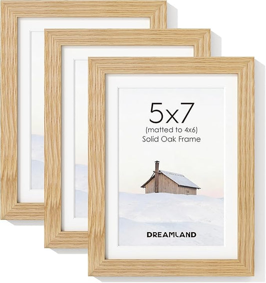 Dreamland 5x7 Picture Frame Set of 3, Solid Oak Wood Photo Frame with Mat for 4x6, 5 x 7 Matted Picture Frames with Resistant Plexiglass for Wall Mounting or Tabletop, Oak Color
