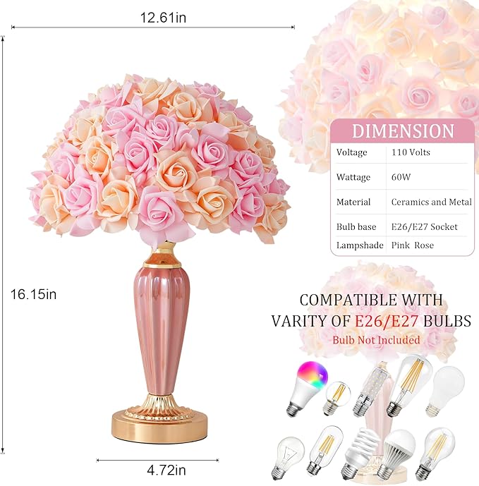 Pink Flowers Lamp Beautiful Yellow Flower Bedside Lamp Nordic Nightstand Light Romantic Rose Bouquet Table Lamp for Wedding Girl Bedroom Valentines Dating Living Room Office Christmas